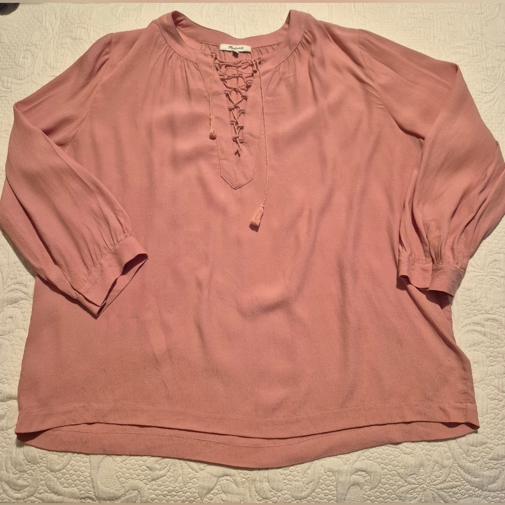 Madewell women's Medium blush pink tassel lace up peasant blouse, tiny dot